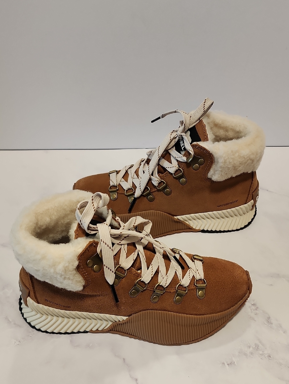 Sorel Out N Abiut III Conguest Tan Suede Faux-Shearling Lace-Up Boots